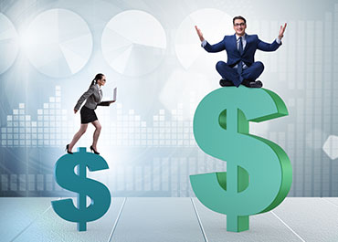 Gender pay gap illustration—woman climbing smaller dollar sign while man sits on larger dollar sign.